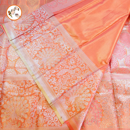 Peachy Pink Silver zari Kanchipuram Tissue Silk Saree