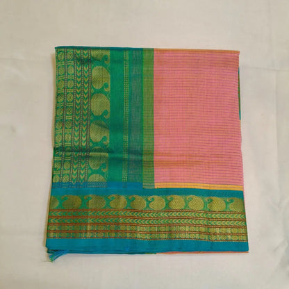 Lotus pink traditional Podi Kattam silk cotton saree Vivahasilks