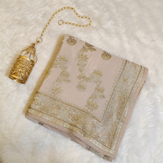 Beige rich Embroidery Satin Partywear Saree