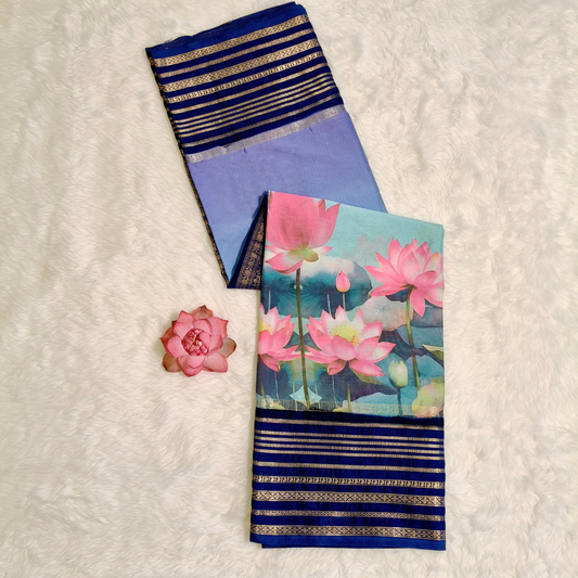 Blue Lotus theme Semi Mysore Silk Saree