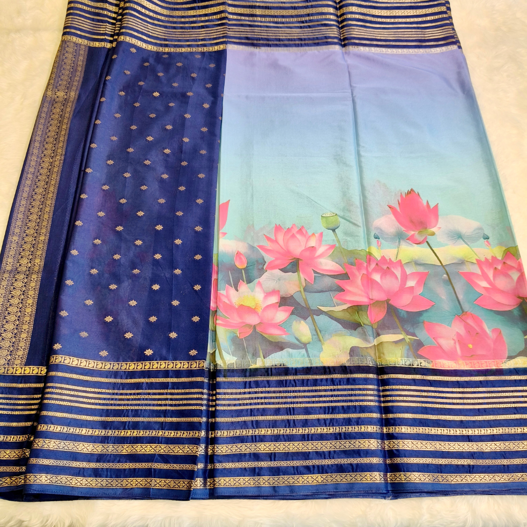 Blue Lotus theme Semi Mysore Silk Saree