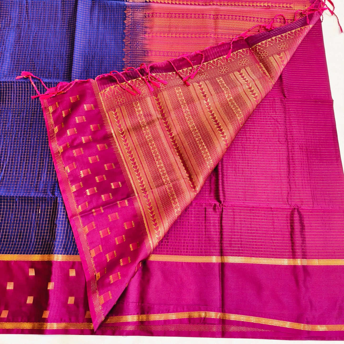 Blue purple combination traditional Podi Kattam soft silk saree Vivahasilks