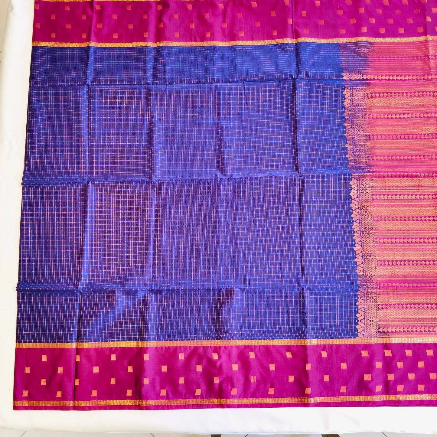 Blue purple combination traditional Podi Kattam soft silk saree Vivahasilks