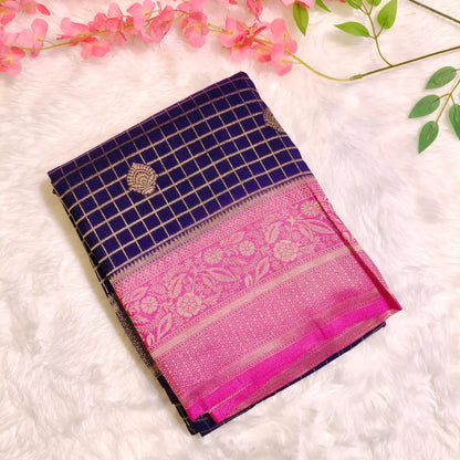 Blue with Pink Checkered Partywear Georgette Saree Vivahasilks