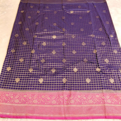 Blue with Pink Checkered Partywear Georgette Saree Vivahasilks