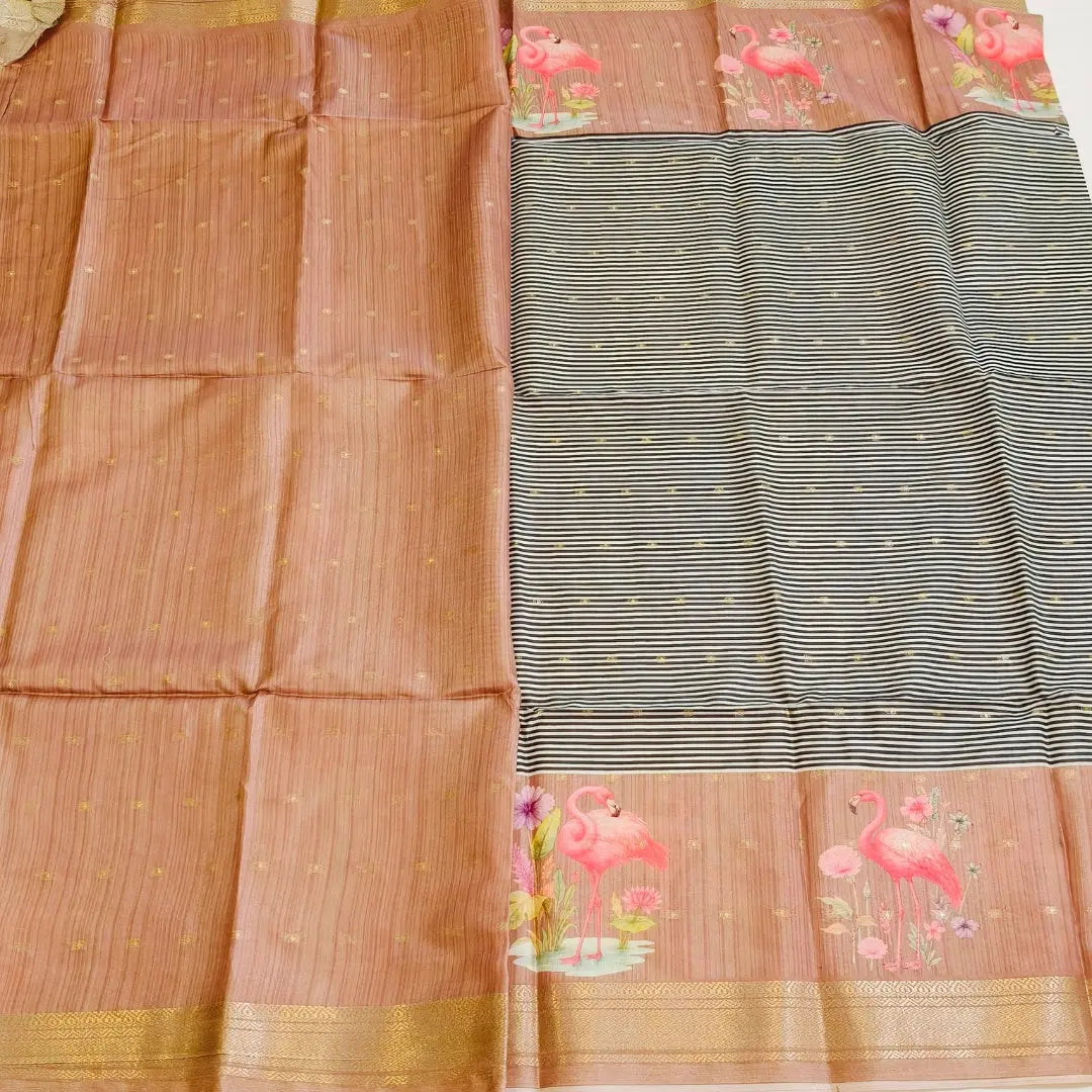 Brown tussar Saree with black and white stripes Pattern Vivahasilks