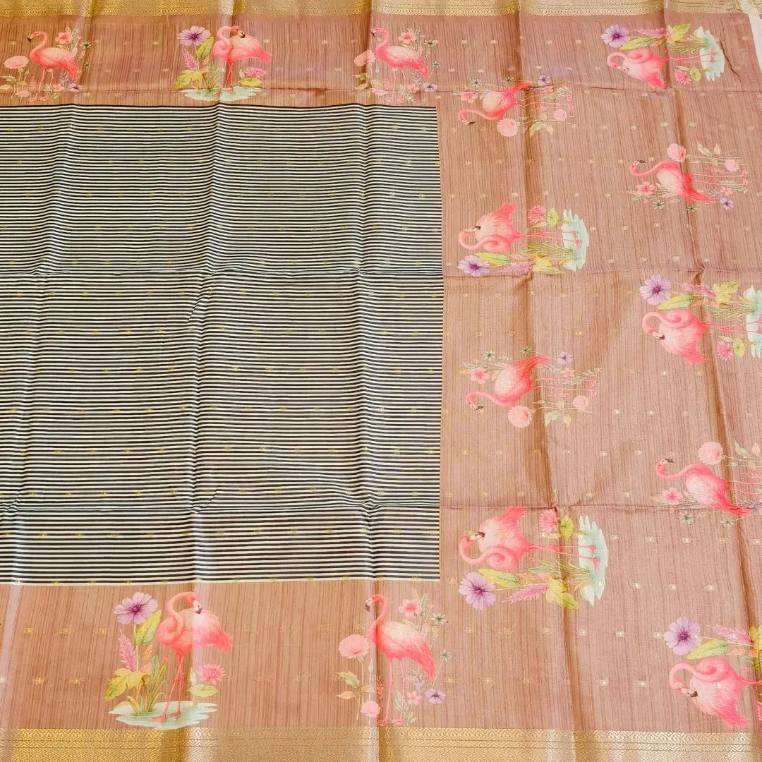 Brown tussar Saree with black and white stripes Pattern Vivahasilks