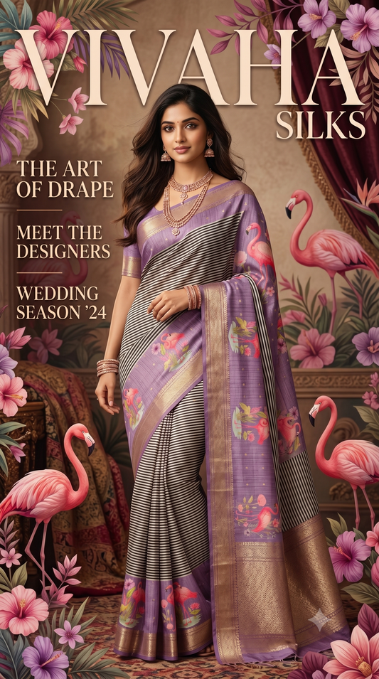 Lavender tussar Saree with black and white stripes Pattern