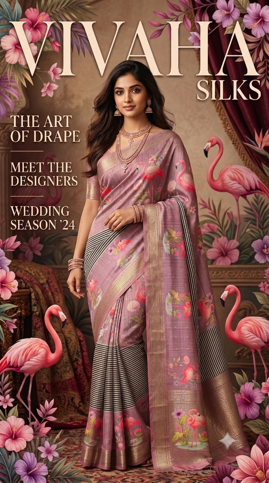 Onion pink tussar Saree with black and white stripes Pattern