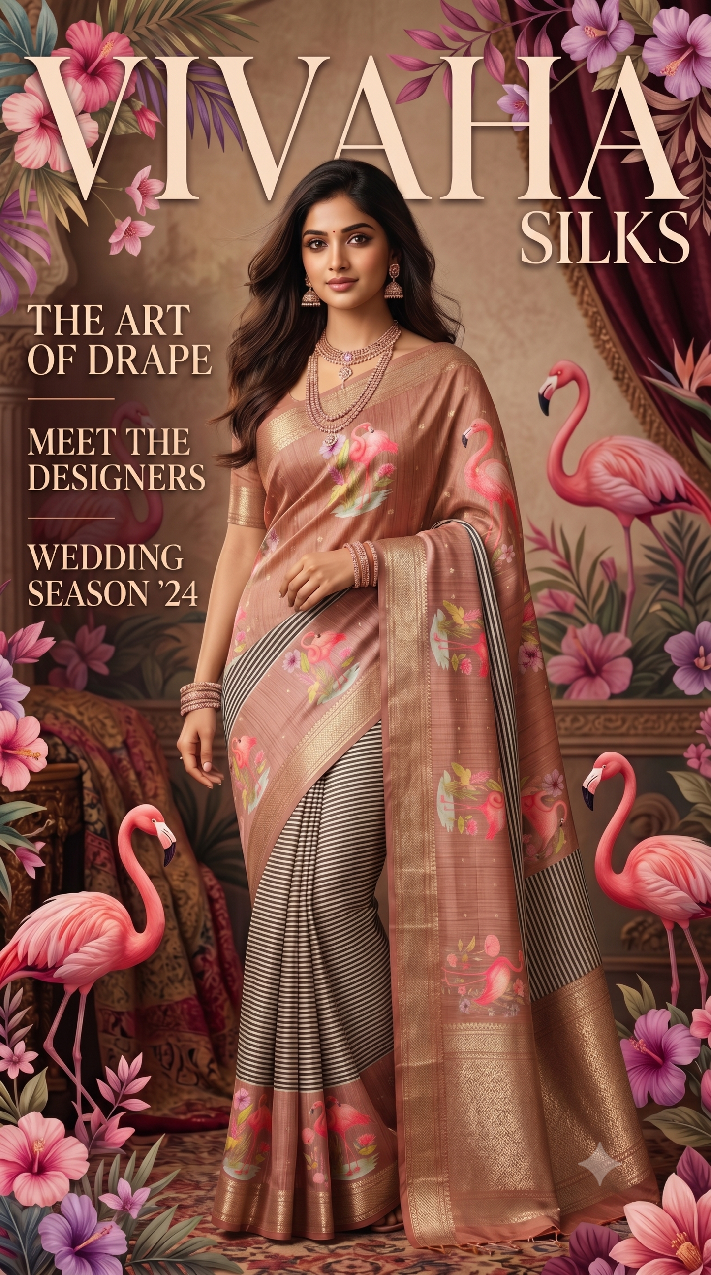 Brown tussar Saree with black and white stripes Pattern
