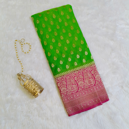 Parrot Green with Pink Checkered Partywear Georgette Saree