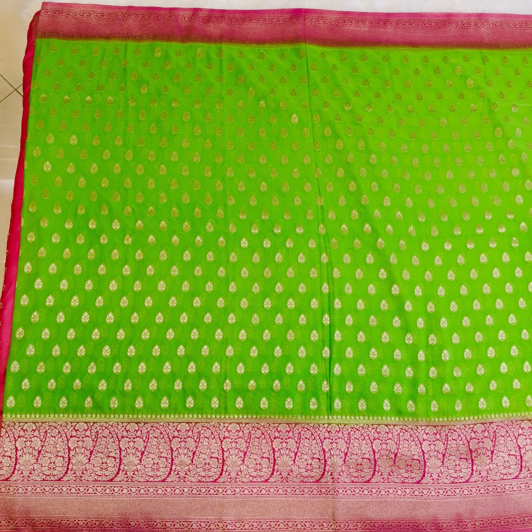 Parrot Green with Pink Checkered Partywear Georgette Saree