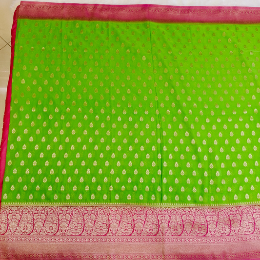 Parrot Green with Pink Checkered Partywear Georgette Saree
