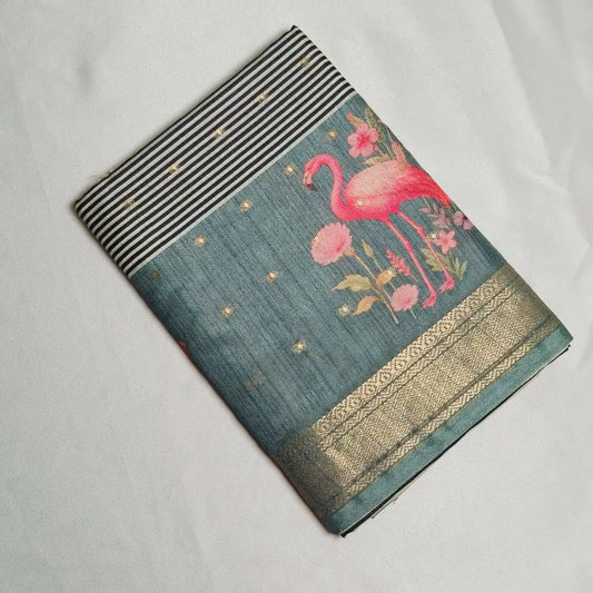 Grey tussar Saree with black and white stripes Pattern Vivahasilks