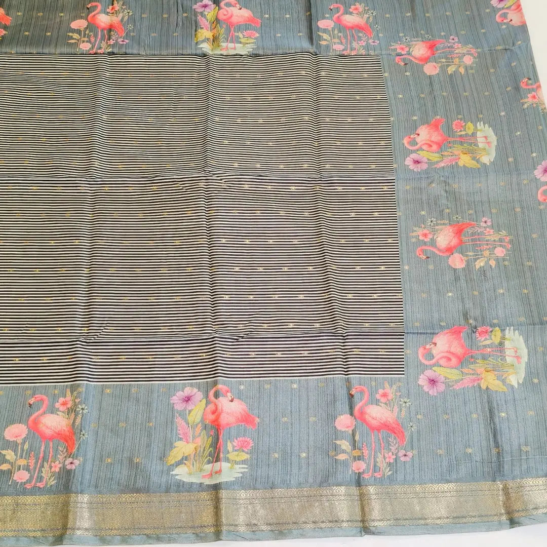 Grey tussar Saree with black and white stripes Pattern Vivahasilks