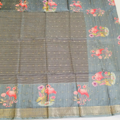 Grey tussar Saree with black and white stripes Pattern Vivahasilks