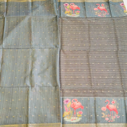 Grey tussar Saree with black and white stripes Pattern Vivahasilks