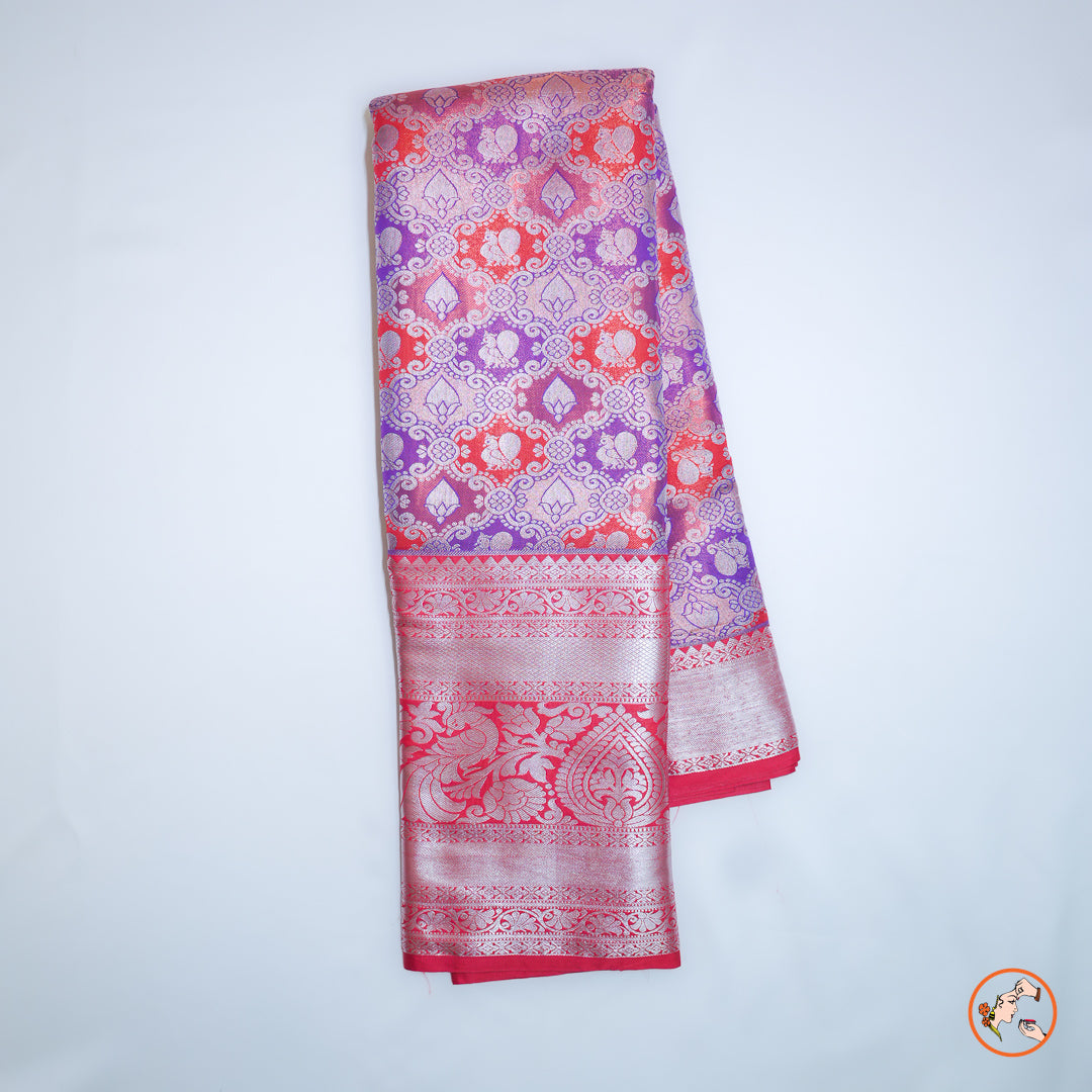 Orange with Pink Kanchipuram Blended Silk Saree