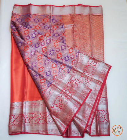 Orange with Pink Kanchipuram Blended Silk Saree Vivahasilks