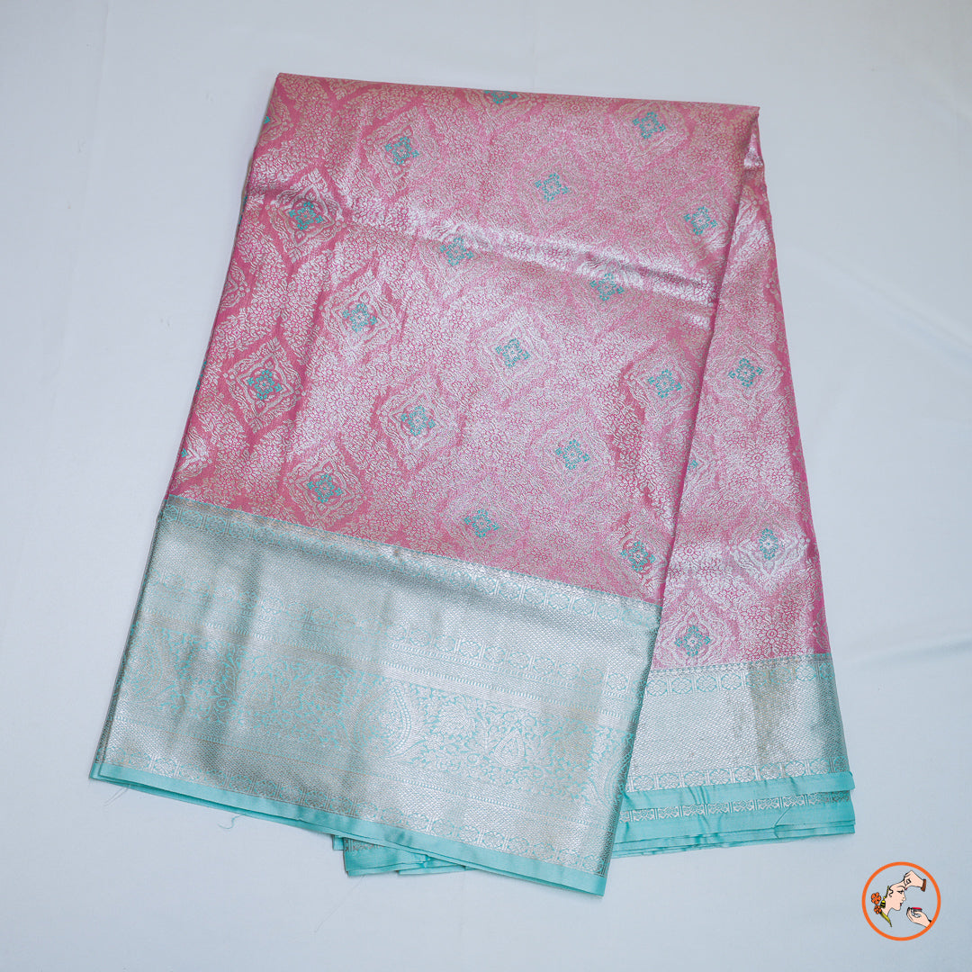 Pink With Blue Kanchipuram Silk Saree