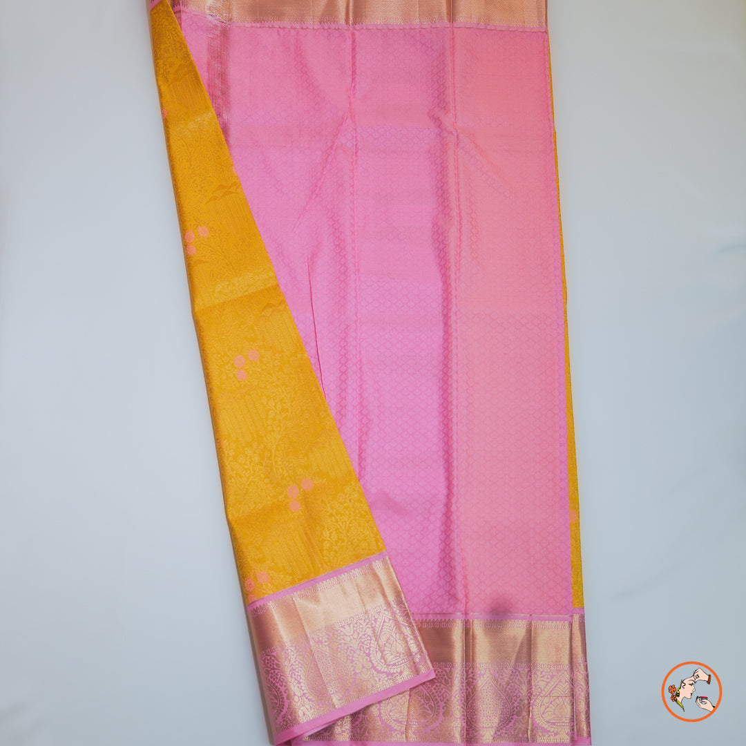 Yellow with Pink Kanchipuram Silk Saree