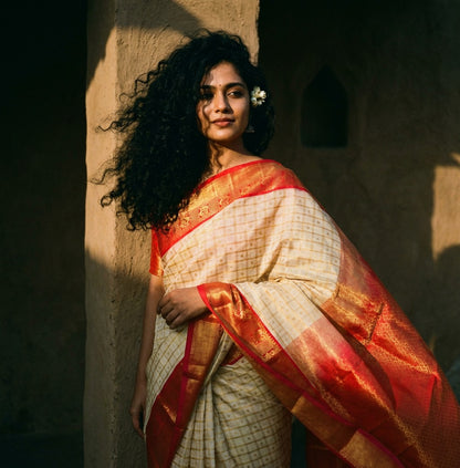 Off white Traditional checks Kanchipuram Semi Silk Saree with Red Peacock border