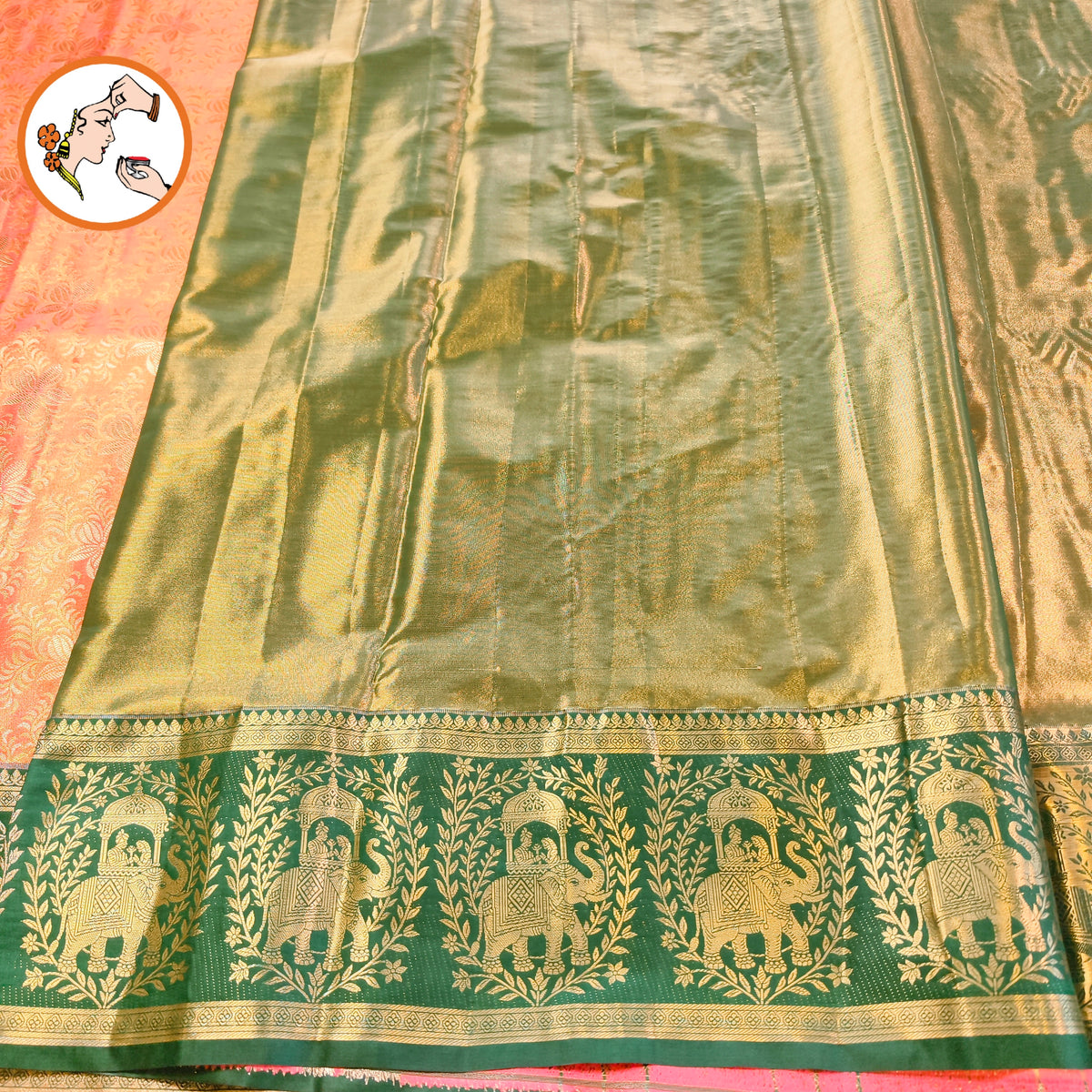 Peach with Dark Green Elephant & Pallakku border Meenakari weaving Kanchipuram High Tissue Silk Saree