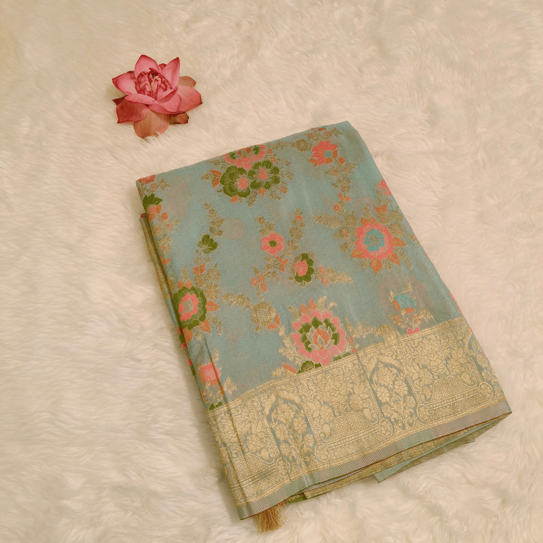 lce Blue Floral fancy Silk Saree