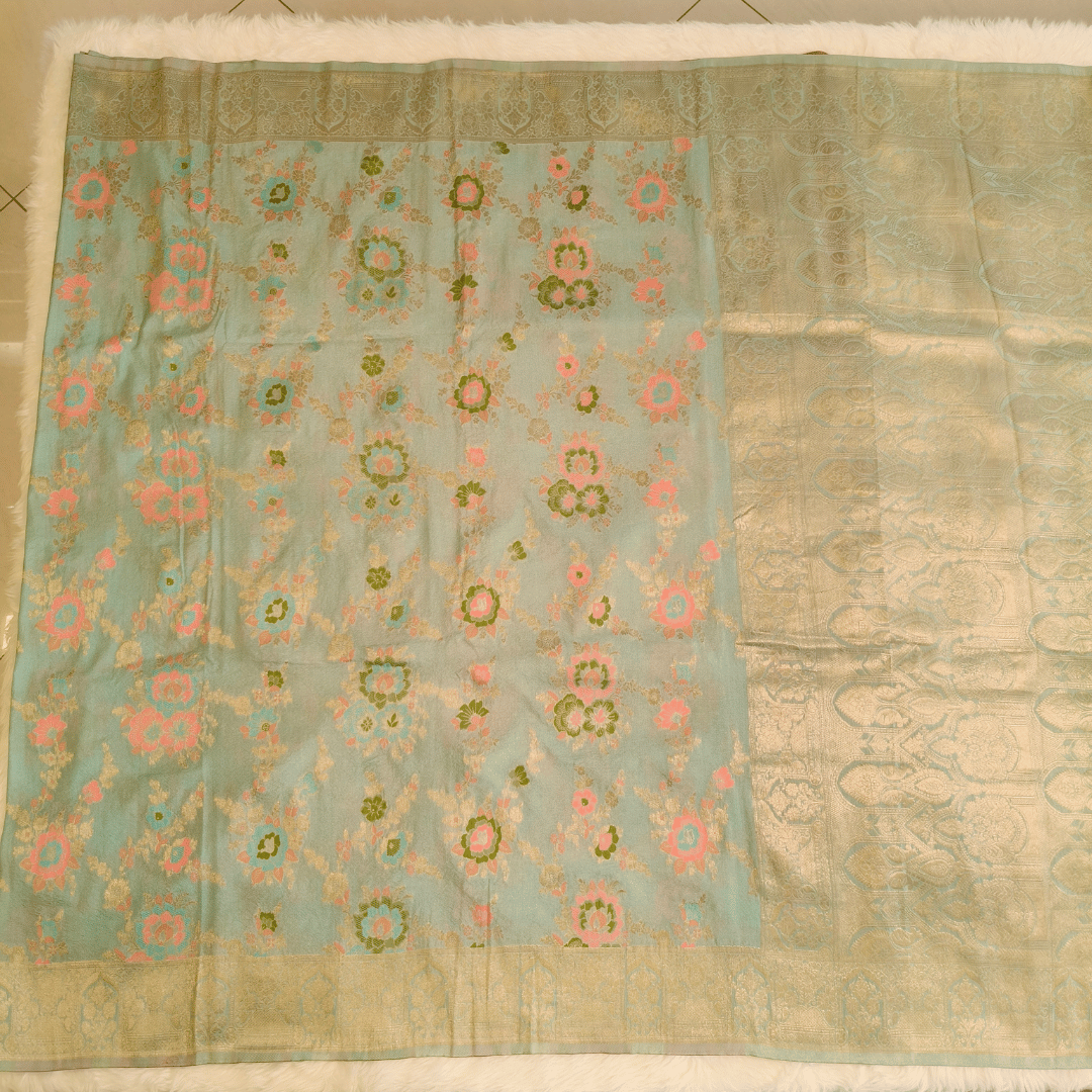 lce Blue Floral fancy Silk Saree