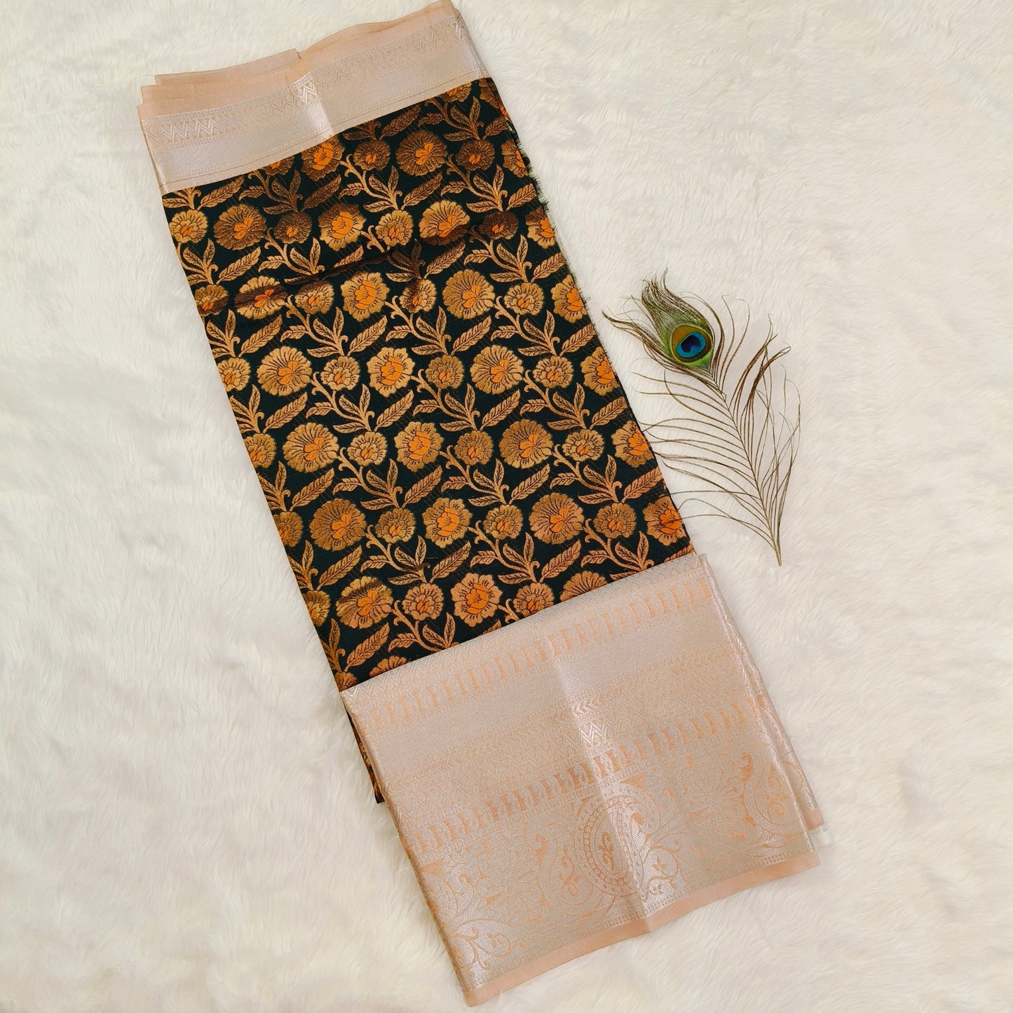 Dark green orange Kanchipuram Silk Saree