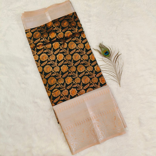 Dark green orange Kanchipuram Silk Saree