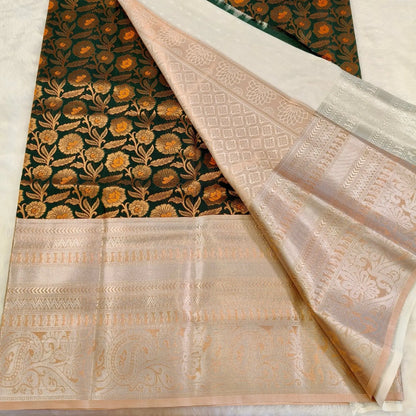 Dark green orange Kanchipuram Silk Saree Vivahasilks