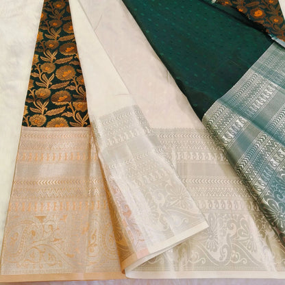 Dark green orange Kanchipuram Silk Saree Vivahasilks