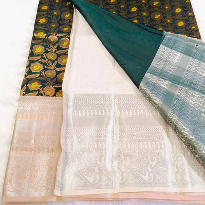 Dark green Yellow Kanchipuram Silk Saree Vivahasilks