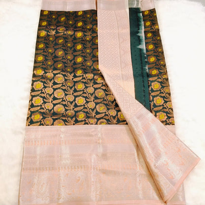 Dark green Yellow Kanchipuram Silk Saree Vivahasilks