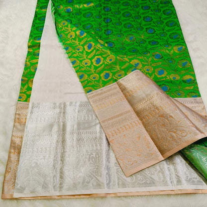 Parrot Green silver Border Kanchipuram Silk Saree Vivahasilks