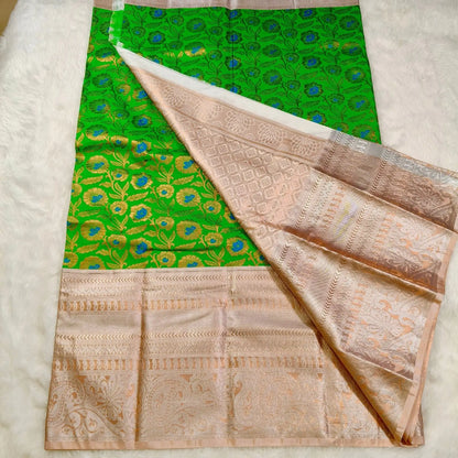Parrot Green silver Border Kanchipuram Silk Saree Vivahasilks