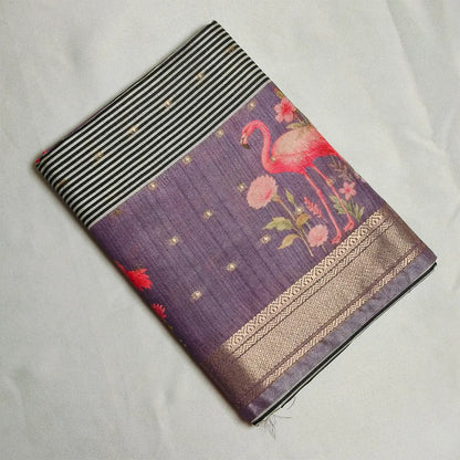 Lavender tussar Saree with black and white stripes Pattern Vivahasilks