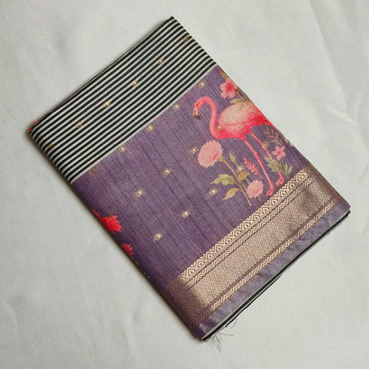 Lavender tussar Saree with black and white stripes Pattern Vivahasilks