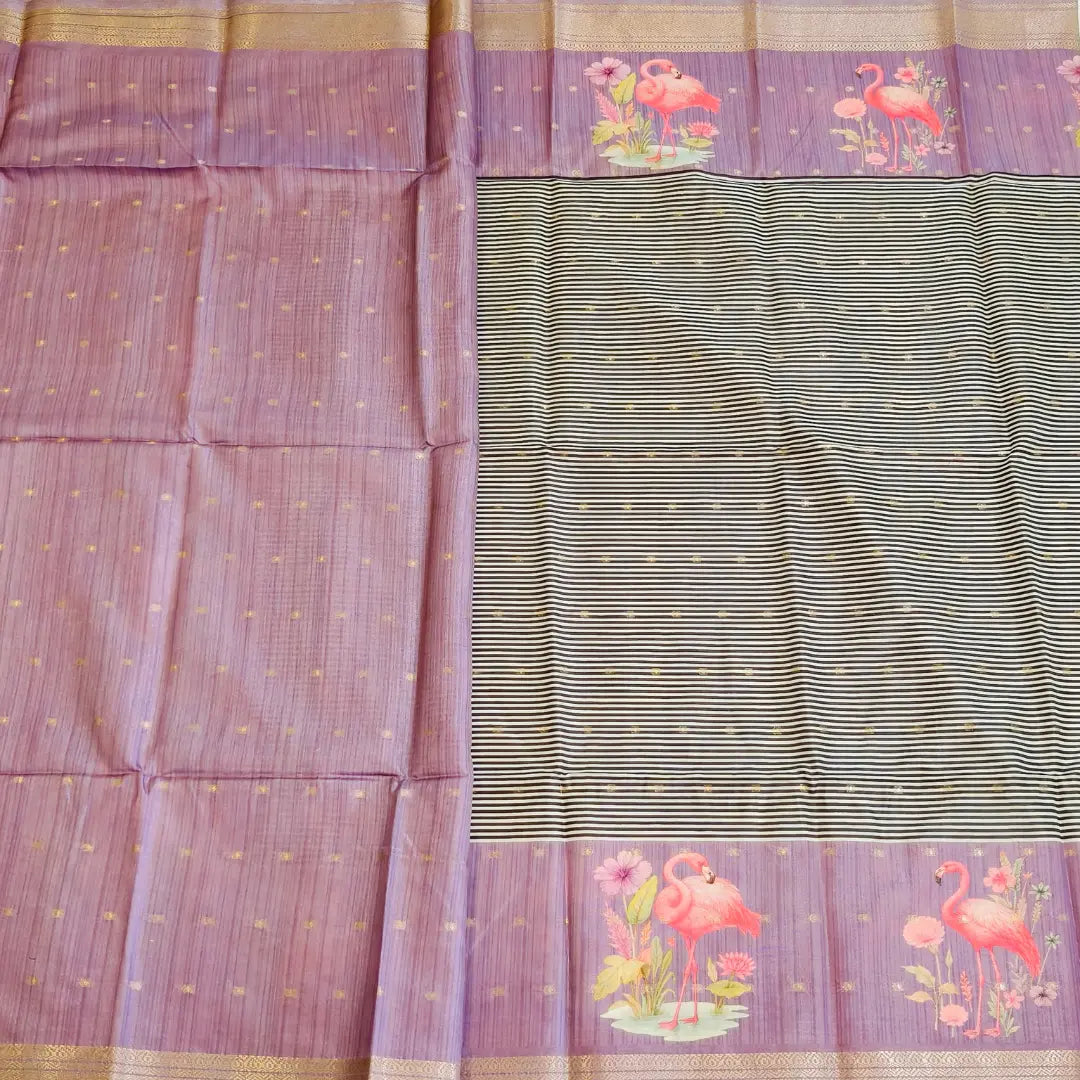 Lavender tussar Saree with black and white stripes Pattern Vivahasilks