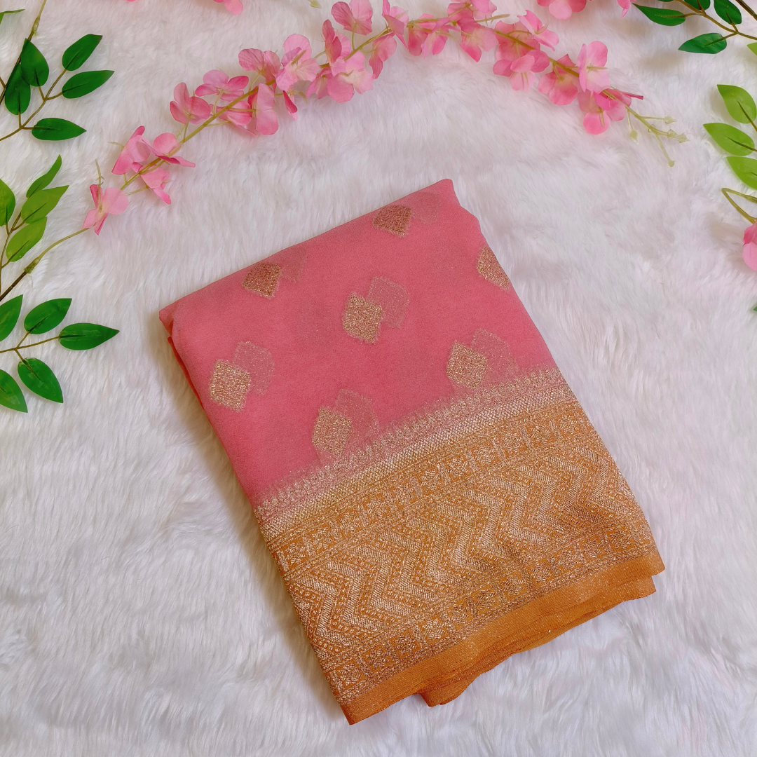 Lotus pink with orange border Banarasi Georgette Saree