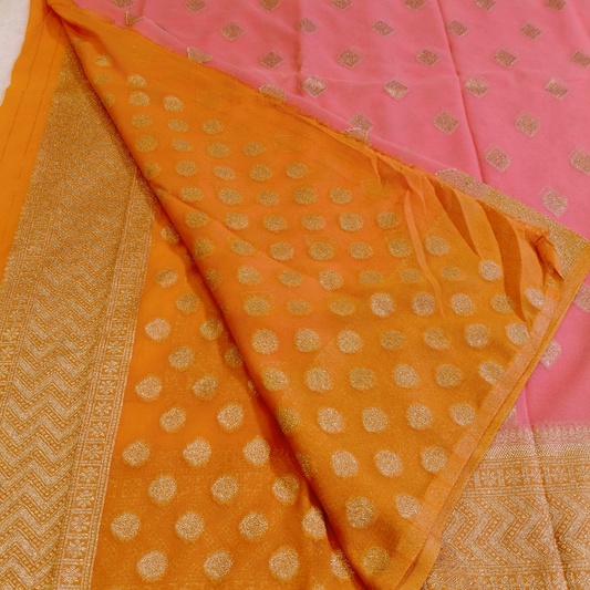 Lotus pink with orange border Banarasi Georgette Saree