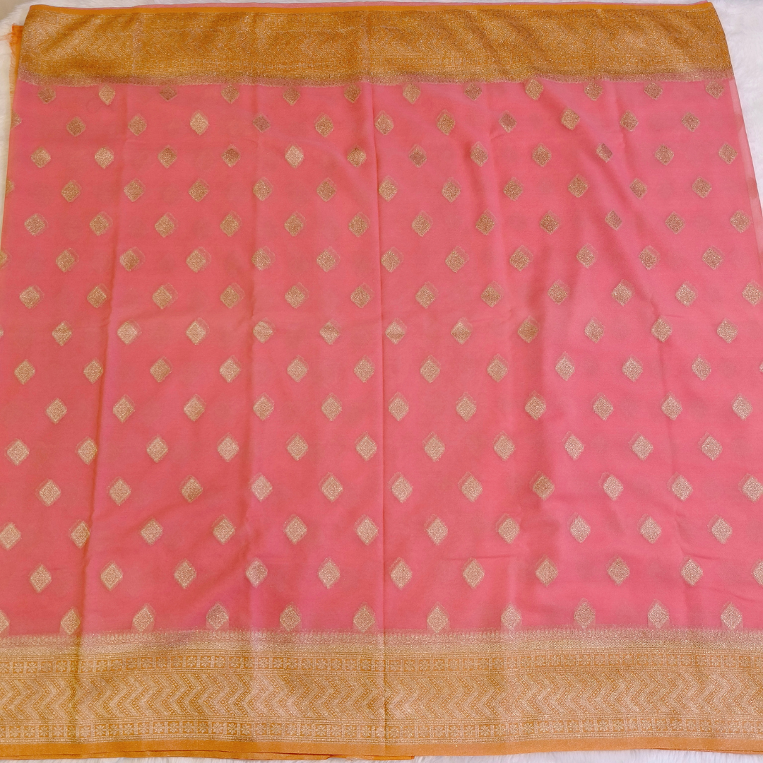Lotus pink with orange border Banarasi Georgette Saree