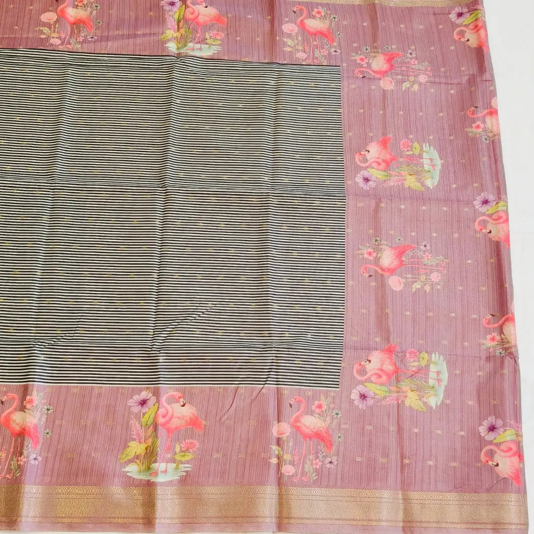 Onion pink tussar Saree with black and white stripes Pattern Vivahasilks