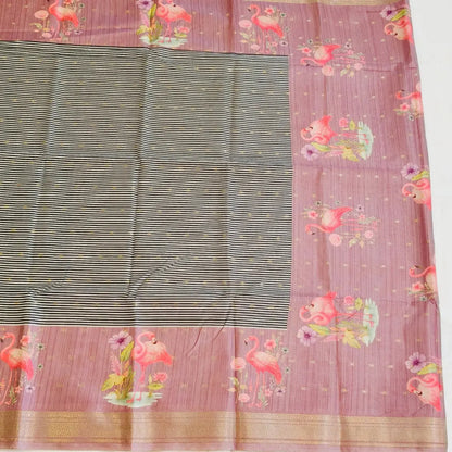 Onion pink tussar Saree with black and white stripes Pattern Vivahasilks