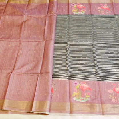 Onion pink tussar Saree with black and white stripes Pattern Vivahasilks