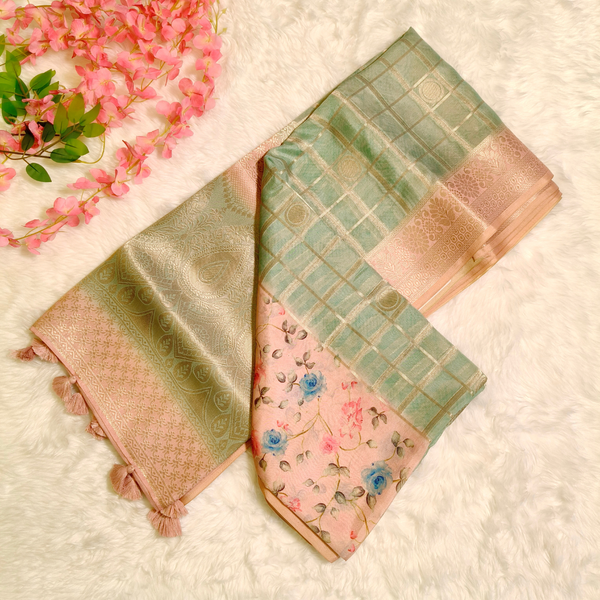 Pastel Green with peach Semi Mysore Silk Saree
