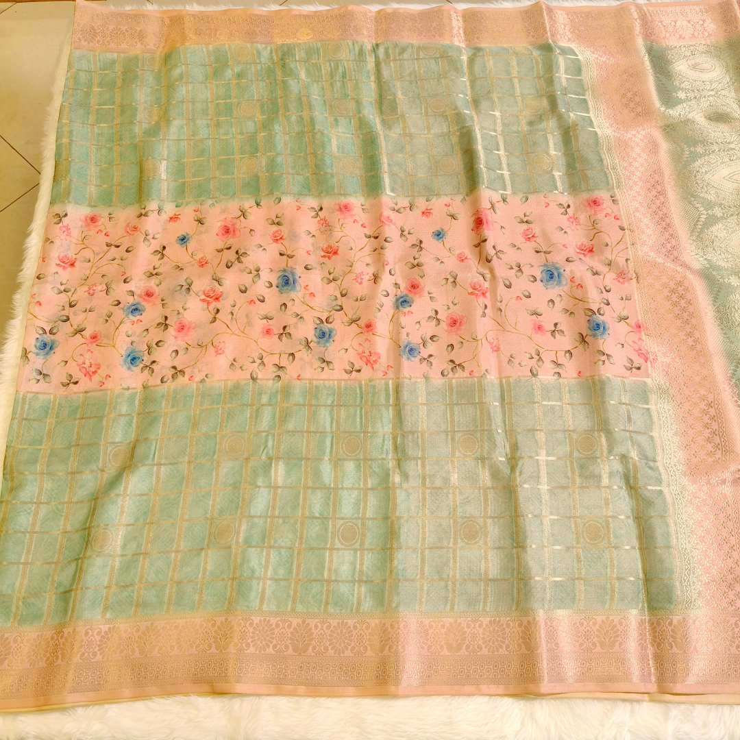 Pastel Green with peach Semi Mysore Silk Saree