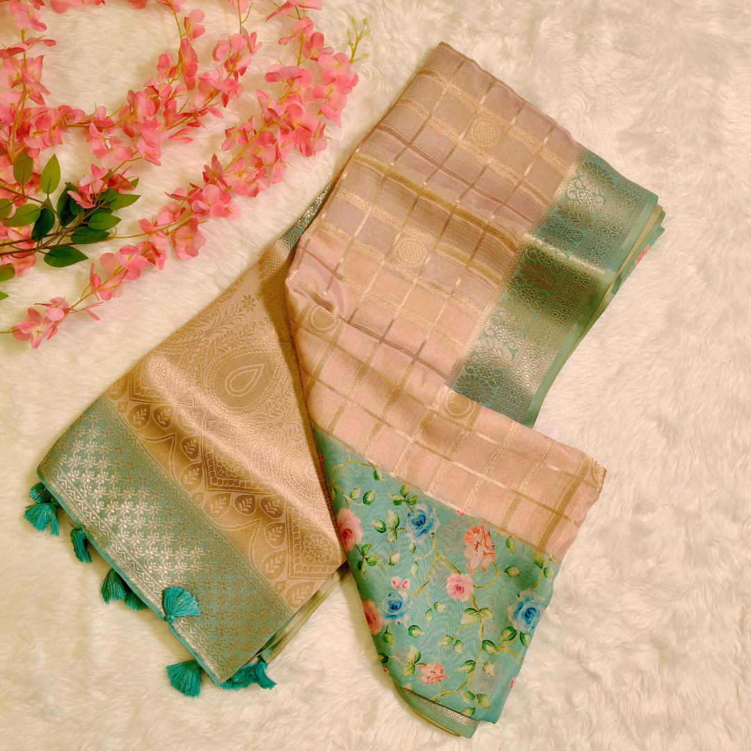 Peach with Pastel green Semi Mysore Silk Saree