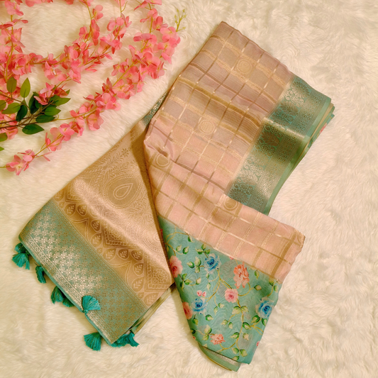 Peach with Pastel green Semi Mysore Silk Saree